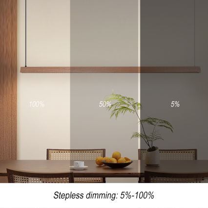 Immax NEO 07304L MADEIRA – lustră LED dimabilă pe cablu, 33W/230V, Wi‑Fi Tuya, 152 cm, stejar + telecomandă