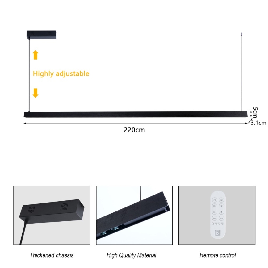 Immax NEO 07308L - Lustră LED dimabilă pe cablu MADEIRA, 44W, 230V, Wi-Fi Tuya, 202 cm, negru + telecomandă