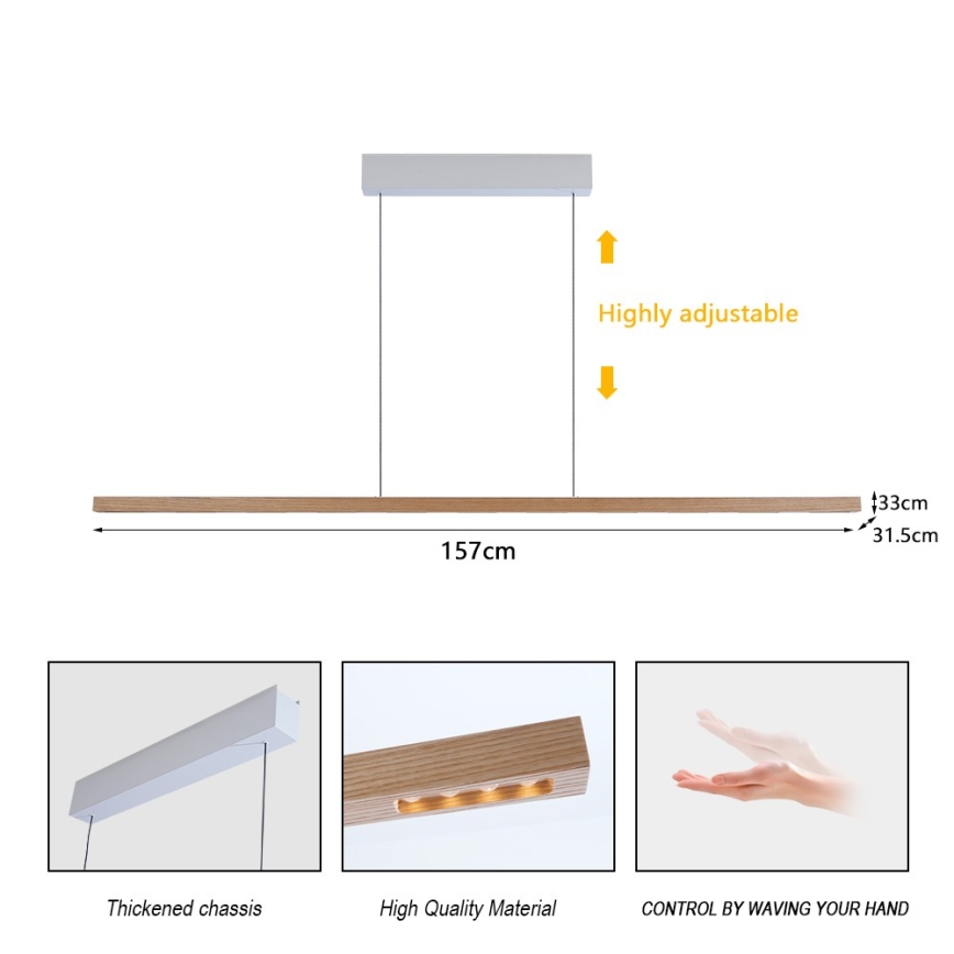 Immax NEO 07310L - Lustră LED reglabilă suspendată pe cablu cu senzor MADEIRA LED/37W/230V, 157 cm, frasin
