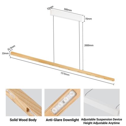 Immax NEO 07310L - Lustră LED reglabilă suspendată pe cablu cu senzor MADEIRA LED/37W/230V, 157 cm, frasin