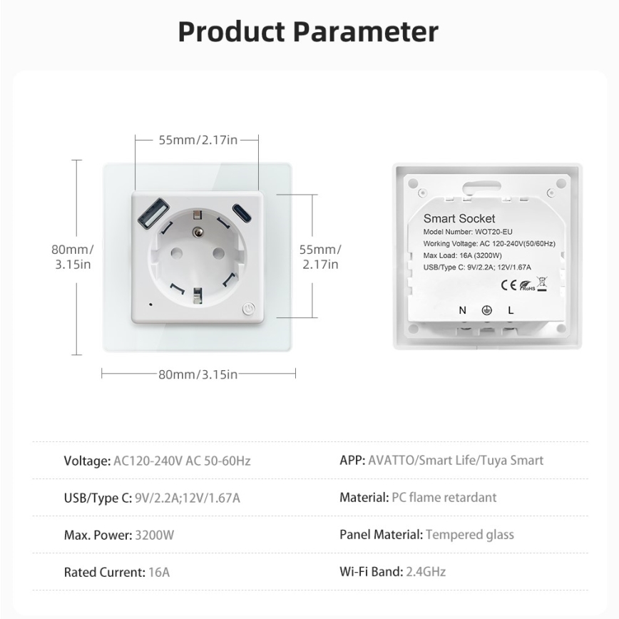 Immax NEO 07544L - Priză inteligentă E 16A/230V cu 1x USB-A și 1x USB-C PD 20W, Tuya Wi‑Fi