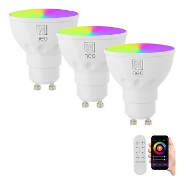 Immax NEO 07724CDO - Set de 3 becuri LED RGB+CCT GU10, dimabile, 4,8W, 230V, 2700-6500K, Wi-Fi Tuya + telecomandă