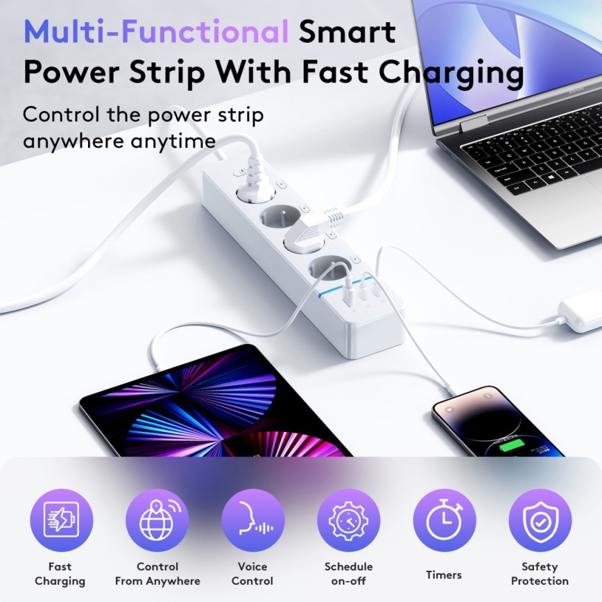 Immax NEO 07821L - Prelungitor inteligent NEO LITE 4AC+1xUSB+2xUSB C Tuya Wi-Fi