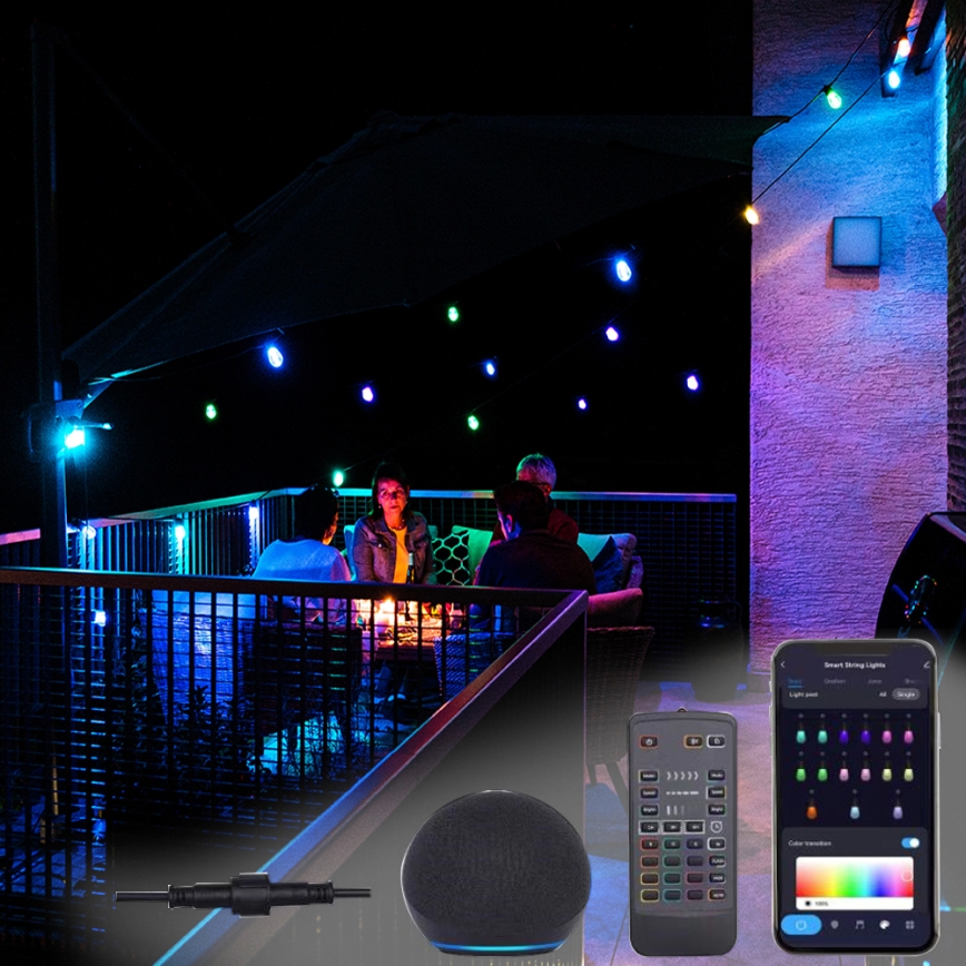Șir de lumini LED RGB+CCT reglabil pentru exterior GIRLANDA 15xLED/1W/230V 15m Wi-Fi Tuya IP65 + telecomandă