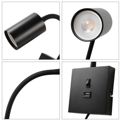 Immax NEO 08295L - Lampă de perete PUNTO cu USB, 1x GU10/9W/230V, neagră