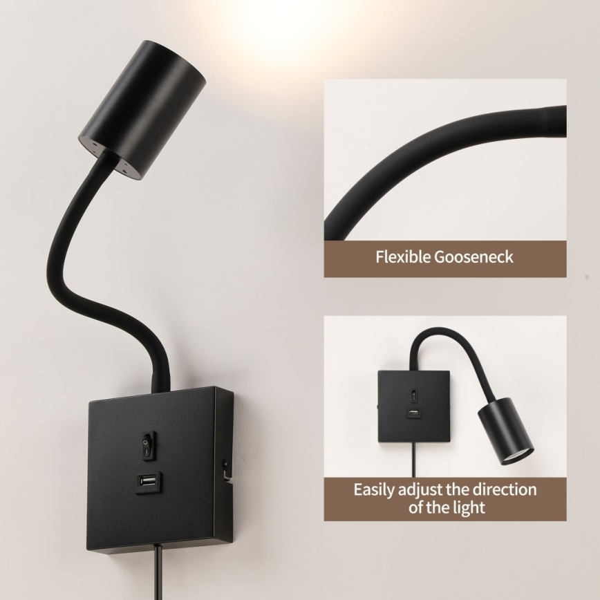 Immax NEO 08295L - Lampă de perete PUNTO cu USB, 1x GU10/9W/230V, neagră