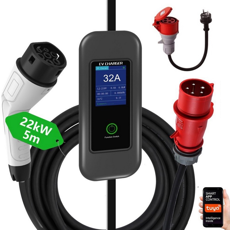Immax - Stație de încărcare portabilă pentru vehicule electrice EV AC Tip 2 32A/380V 22kW + priză 230V 5m Wi-Fi Tuya