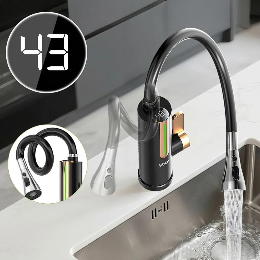 Încălzitor de apă instant cu afișaj LED 3000W/230V IPX4 negru/auriu