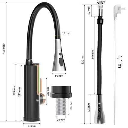 Încălzitor de apă instant cu afișaj LED 3000W/230V IPX4 negru/auriu