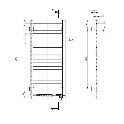 Încălzitor electric pentru prosoape AVANGARD cu termostat, 105 W, 80 x 36 cm, alb, montare pe stânga