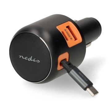 Încărcător auto cu cablu retractabil, Power Delivery 30 W, 2x USB-C + 1x USB-A