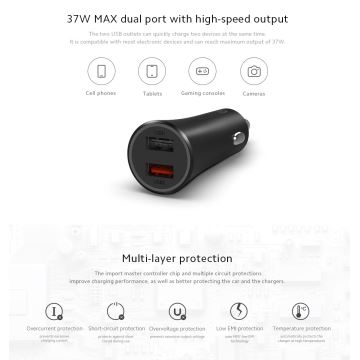 Încărcător auto QUICK 2xUSB 37W/12-24V negru Xiaomi