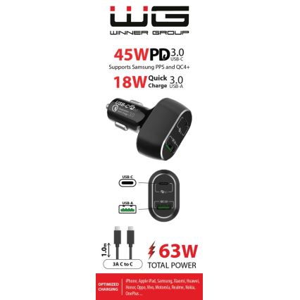 Încărcător auto Winner Group 1xUSB-C + 1xUSB-A Power Delivery 63W + cablu USB-C/USB-C 1 m negru