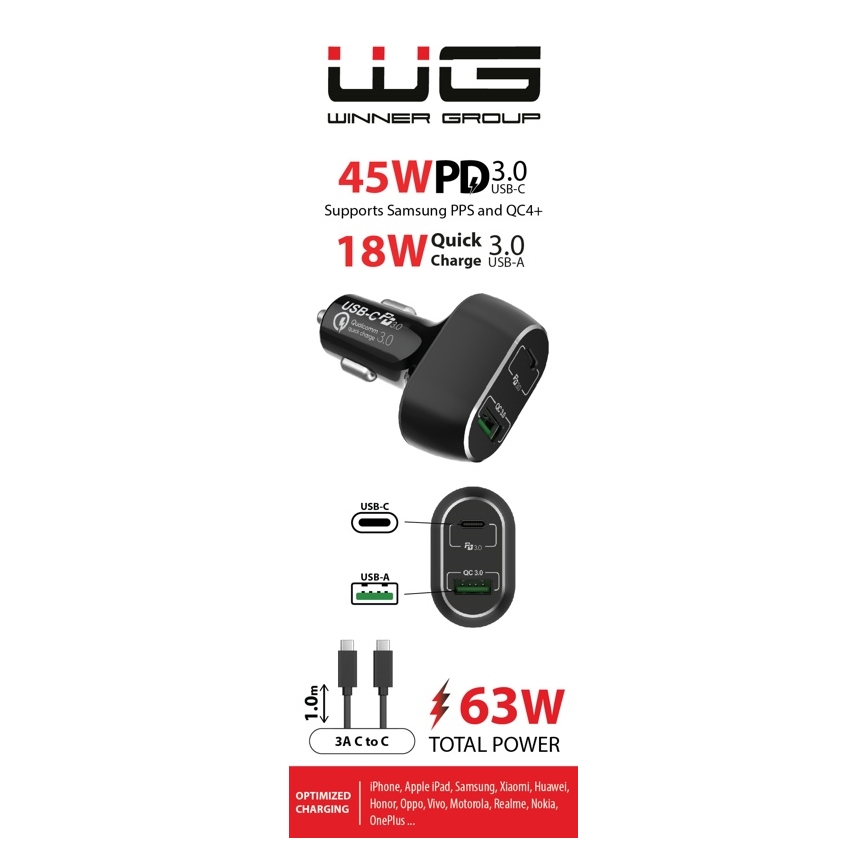 Încărcător auto Winner Group 1xUSB-C + 1xUSB-A Power Delivery 63W + cablu USB-C/USB-C 1 m negru