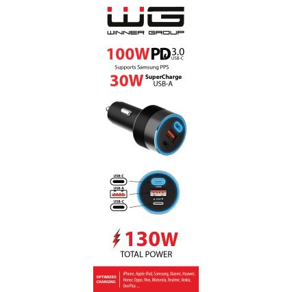 Încărcător auto Winner Group 2xUSB-C + 1xUSB-A Power Delivery 130W negru