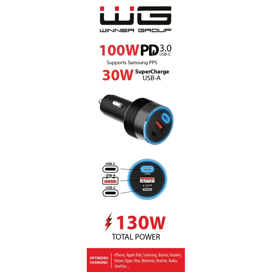 Încărcător auto Winner Group 2xUSB-C + 1xUSB-A Power Delivery 130W negru