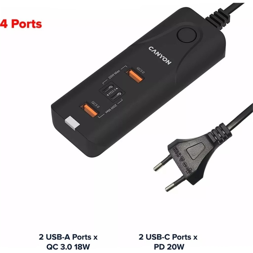 Încărcător Canyon 2xUSB A + 2xUSB C Power Delivery 20W