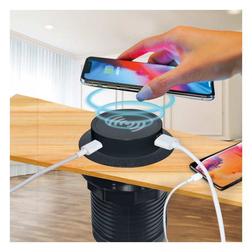Încărcător fără fir încorporabil + USB A+C negru
