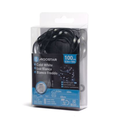 Instalație LED de Crăciun de exterior Aigostar 100xLED/8 funcții/3xAA 10,3m IP44 alb rece