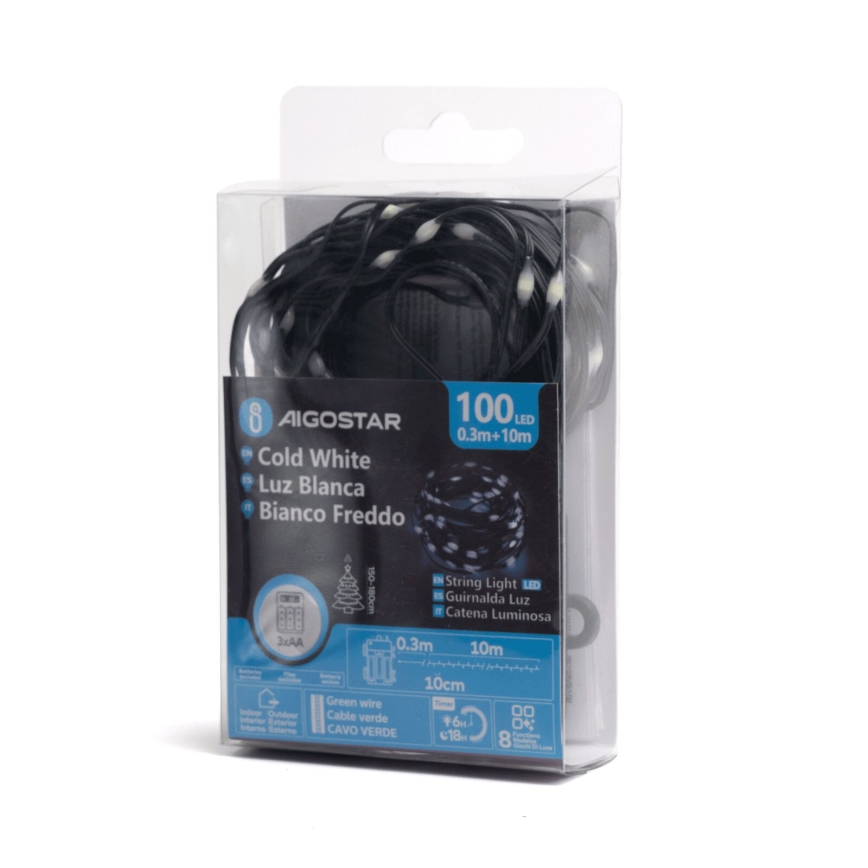 Instalație LED de Crăciun de exterior Aigostar 100xLED/8 funcții/3xAA 10,3m IP44 alb rece