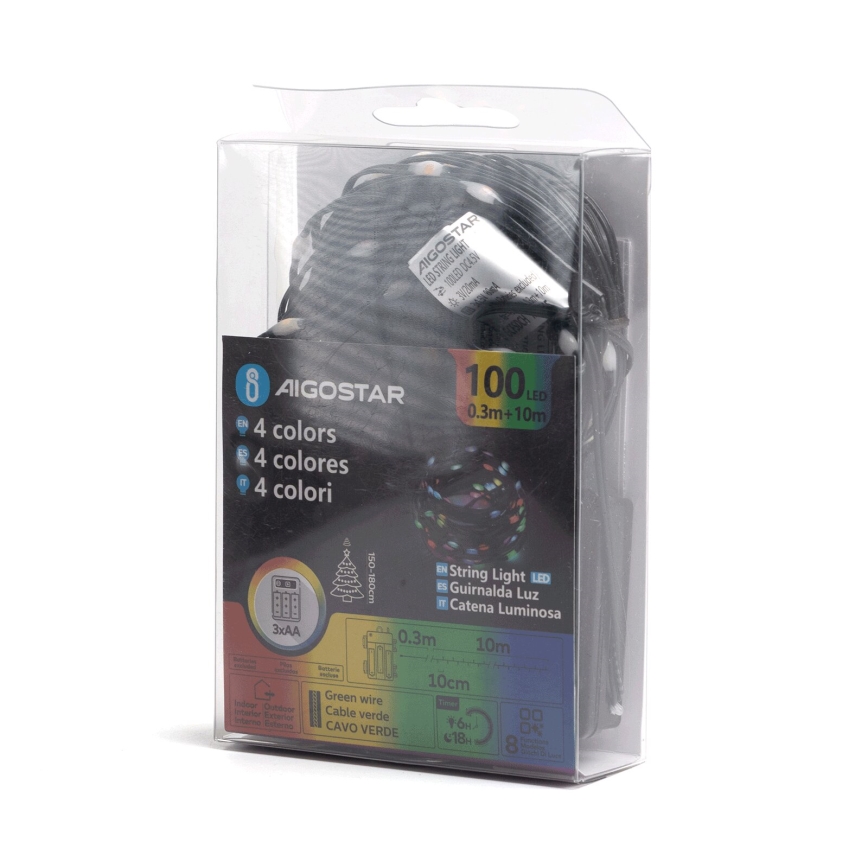 Instalație LED de Crăciun de exterior Aigostar 100xLED/8 funcții 3xAA 10,3m IP44 alb cald