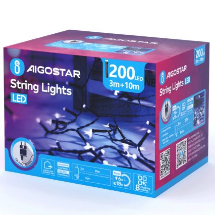 Instalație LED de Crăciun de exterior Aigostar 200xLED/8 funcții 13m IP44 alb rece
