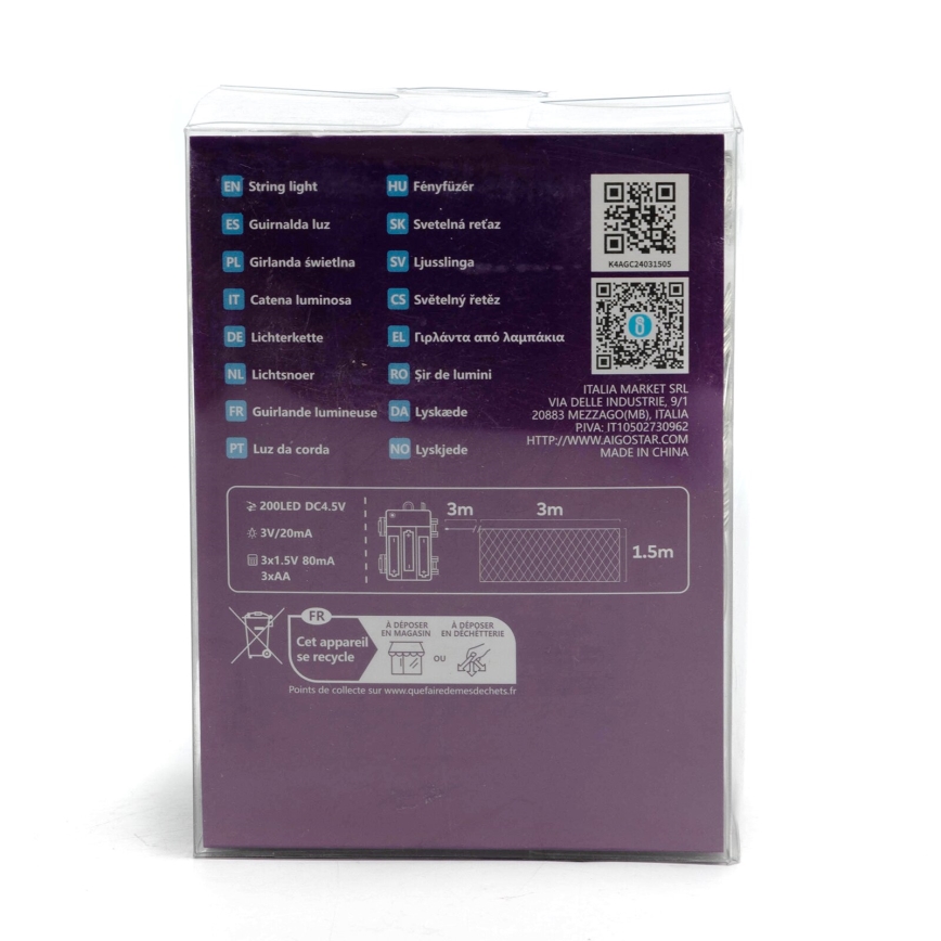 Instalație LED de Crăciun de exterior Aigostar 200xLED/8 funcții 6x1,5m IP44 alb rece