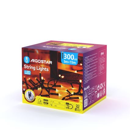 Instalație LED de Crăciun de exterior Aigostar 300xLED/8 funcții 18m IP44 alb cald