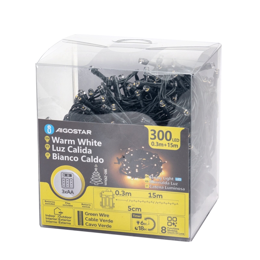 Instalație LED de Crăciun de exterior Aigostar 300xLED/8 funcții 3xAA 15,3m IP44 alb cald