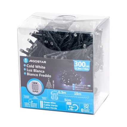 Instalație LED de Crăciun de exterior Aigostar 300xLED/8 funcții 3xAA 15,3m IP44 alb rece