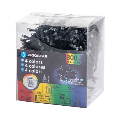 Instalație LED de Crăciun de exterior Aigostar 300xLED/8 funcții 3xAA 15,3m IP44 multicolor