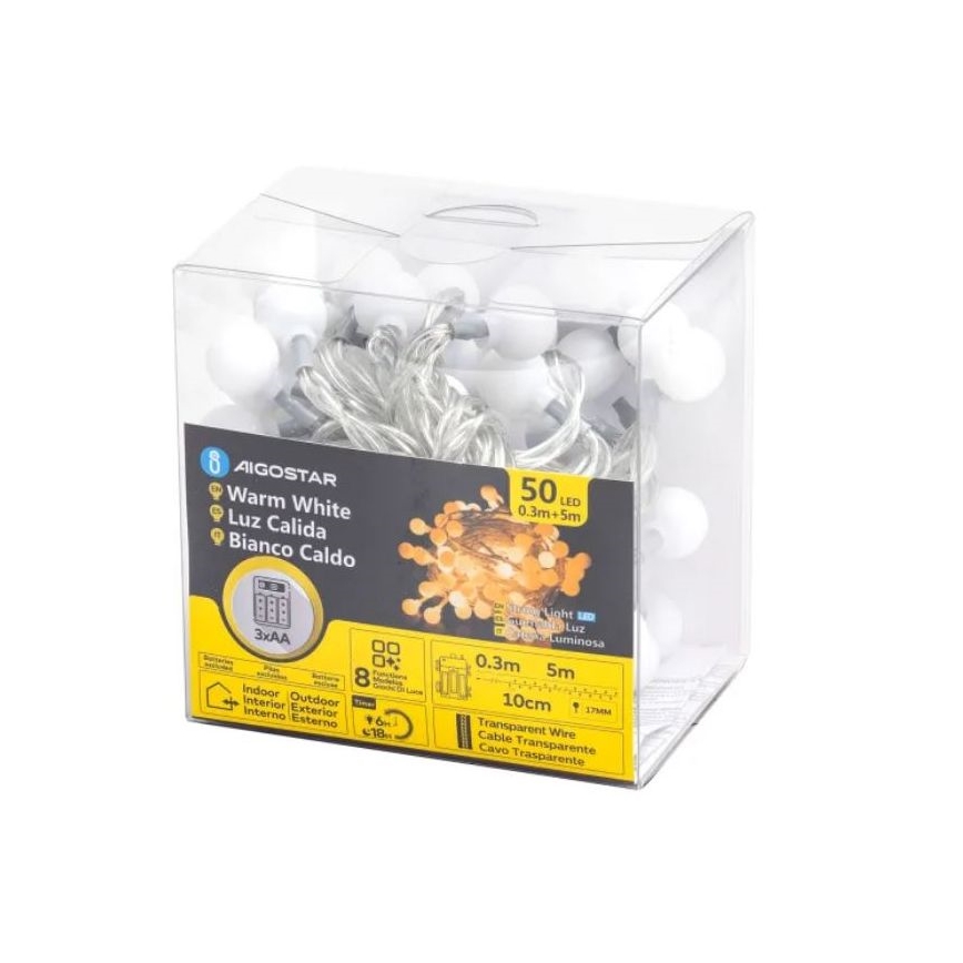 Instalație LED de Crăciun de exterior Aigostar 50xLED/3xAA/8 funcții 5,3 m IP44 alb cald