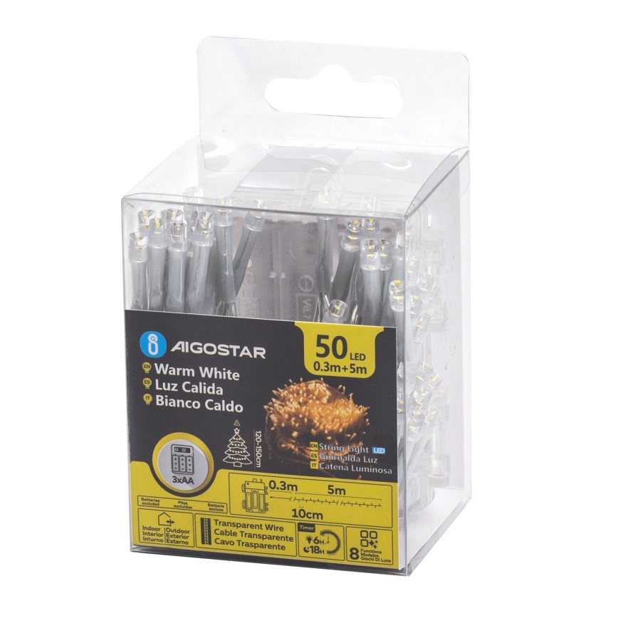 Instalație LED de Crăciun de exterior Aigostar 50xLED/8 funcții 3xAA 5,3m IP44 alb cald