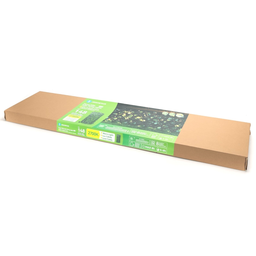 Instalație LED solară Aigostar 148xLED/2x1,2m IP65 300 mAh alb cald eucalipt