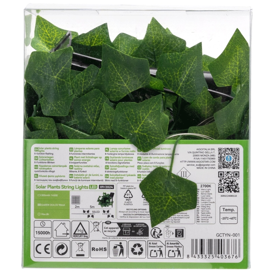 Instalație LED solară Aigostar 50xLED/7m IP65 300 mAh alb cald iederă