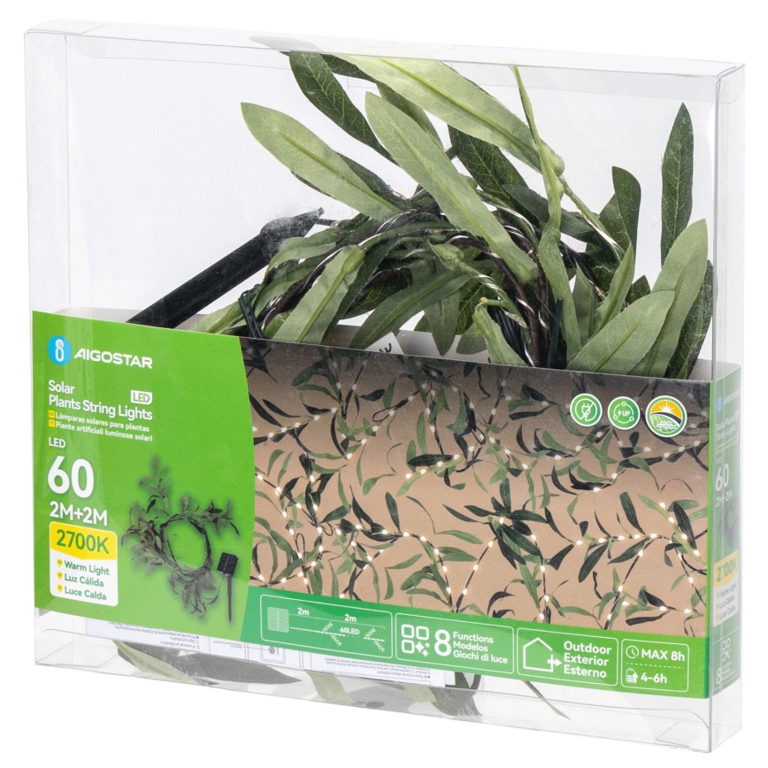Instalație LED solară Aigostar 60xLED/4m IP65 300 mAh alb cald măslin