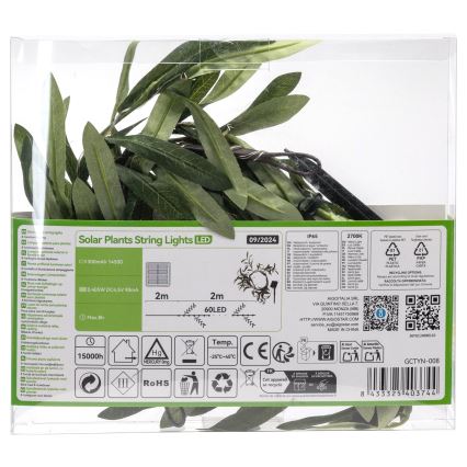 Instalație LED solară Aigostar 60xLED/4m IP65 300 mAh alb cald măslin