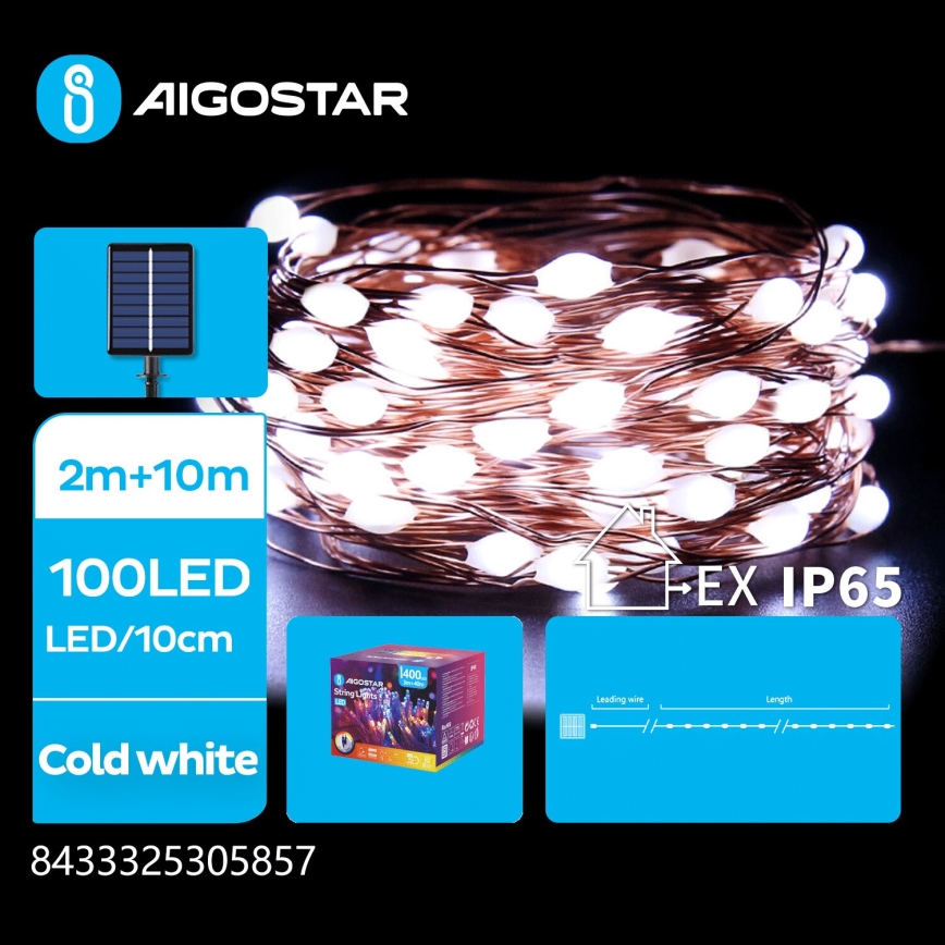 Instalație LED solară de Crăciun Aigostar 100xLED/8 funcții 12m 800 mAh IP65 alb rece