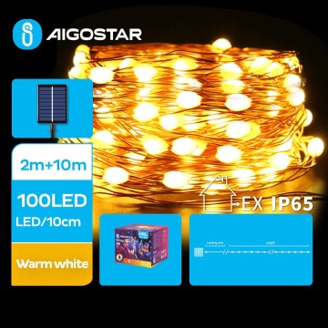 Instalație LED solară de Crăciun Aigostar 100xLED/8 funcții 12m IP65 alb cald