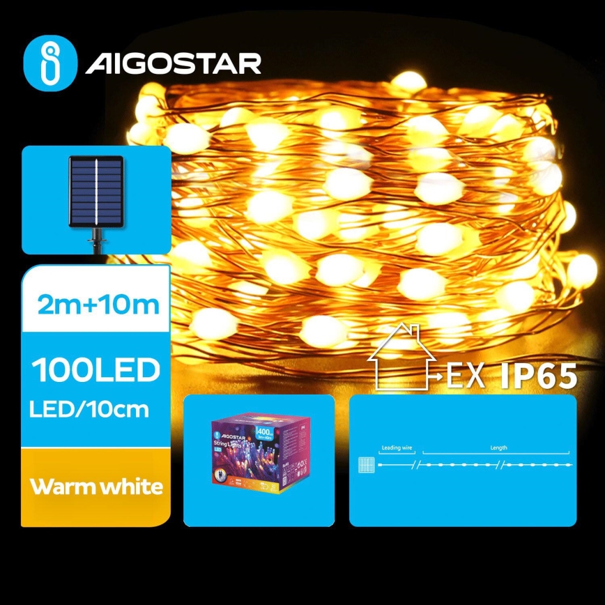 Instalație LED solară de Crăciun Aigostar 100xLED/8 funcții 12m IP65 alb cald