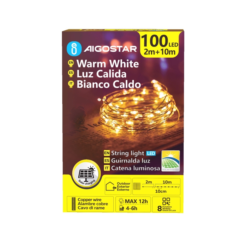 Instalație LED solară de Crăciun Aigostar 100xLED/8 funcții 12m IP65 alb cald