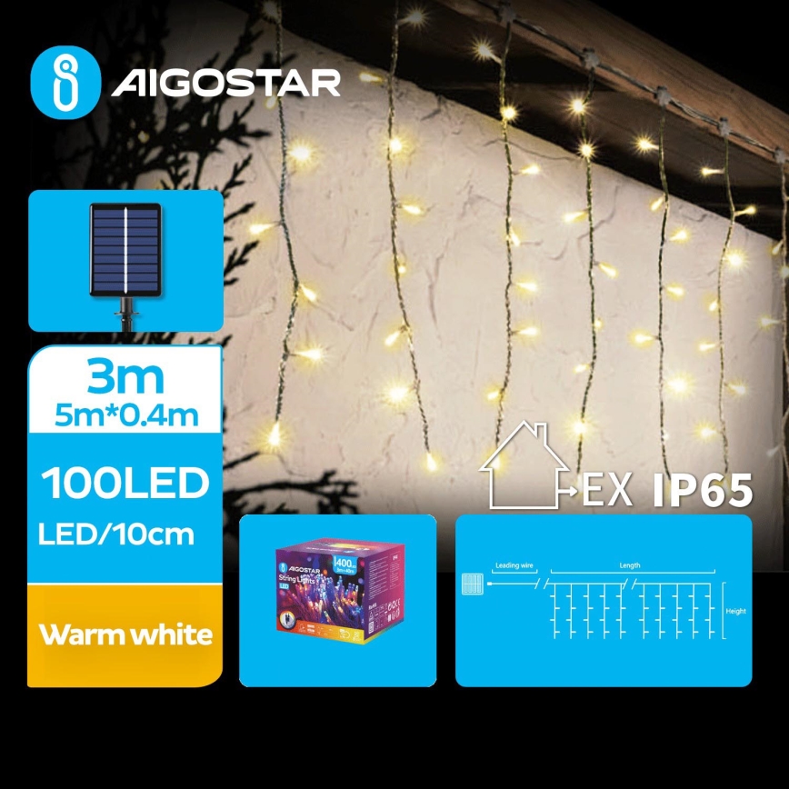 Instalație LED solară de Crăciun Aigostar 100xLED/8 funcții 8x0,4m IP65 alb cald 800 mAh