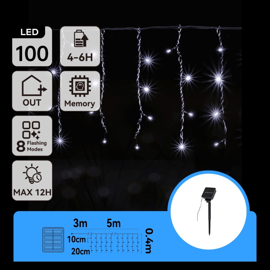 Instalație LED solară de Crăciun Aigostar 100xLED/8 funcții 8x0,4m IP65 alb rece 800 mAh