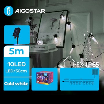 Instalație LED solară de Crăciun Aigostar 10xLED/8 funcții 6,5m IP65 alb rece