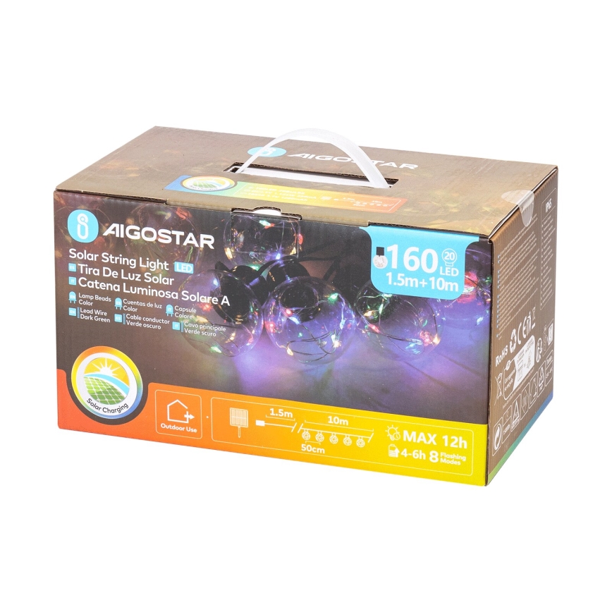 Instalație LED solară de Crăciun Aigostar 20xLED/8 funcții 11,5m IP65 multicolor