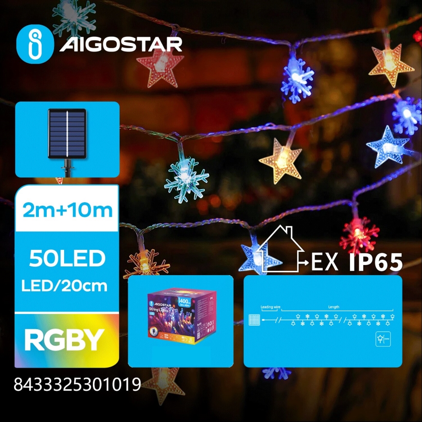 Instalație LED solară de Crăciun Aigostar 50xLED/8 funcții 800 mAh 12m IP65 multicolor