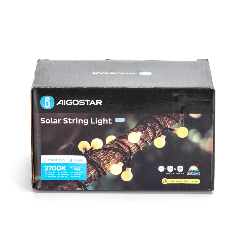 Instalație LED solară decorativă Aigostar 50xLED/8 funcții 12m IP65 800 mAh alb cald