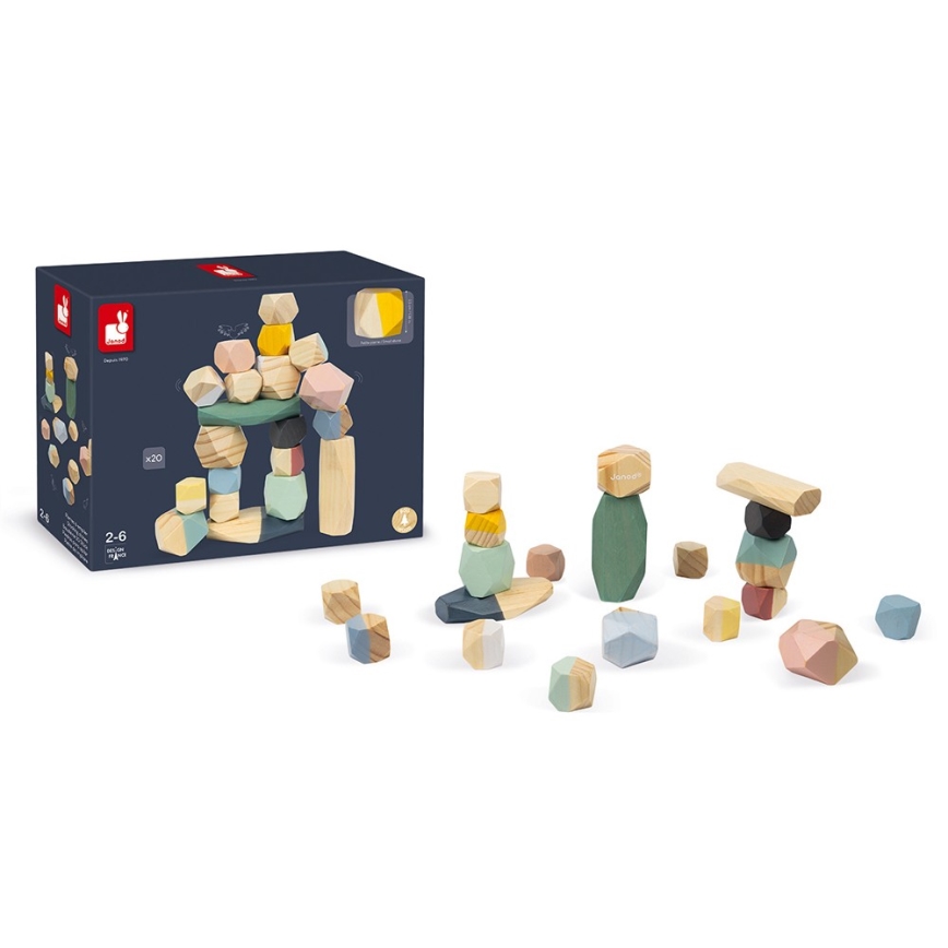 Janod - Set de 20 cuburi din lemn SWEET COCOON, pietre