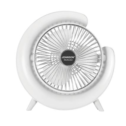 JOHNSON - Ventilator de masă reîncărcabil LED RGB multicolor, LED 5W, 3,7V, 1200 mAh, diam. 14 cm, alb