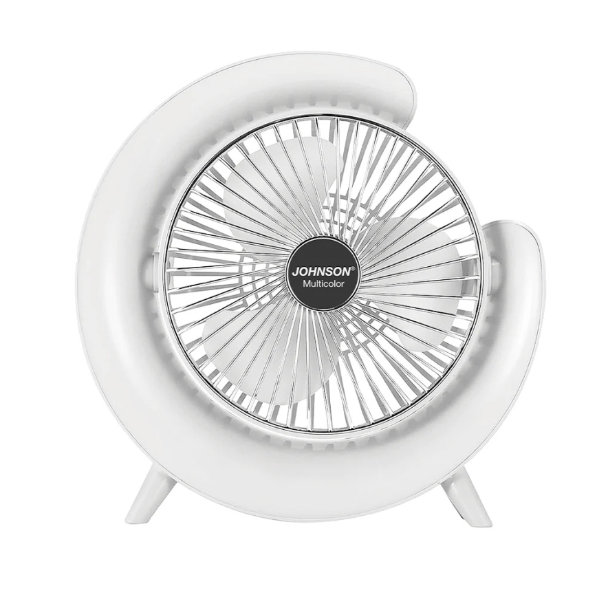 JOHNSON - Ventilator de masă reîncărcabil LED RGB multicolor, LED 5W, 3,7V, 1200 mAh, diam. 14 cm, alb